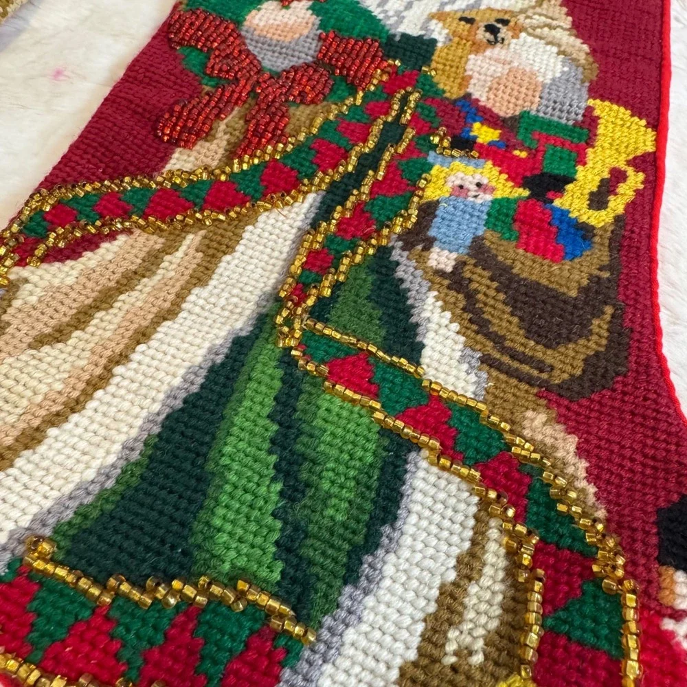 Vintage Needlepoint Christmas Stockings Set of 2 Angel Santa Beaded Red Green